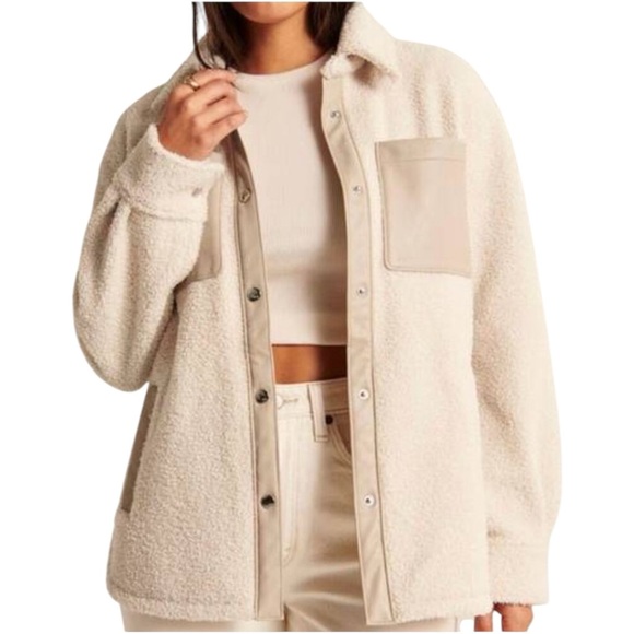 Abercrombie & Fitch Jackets & Blazers - Abercrombie & Fitch Women's Elevated Trim Sherpa Shirt Jacket Off-White